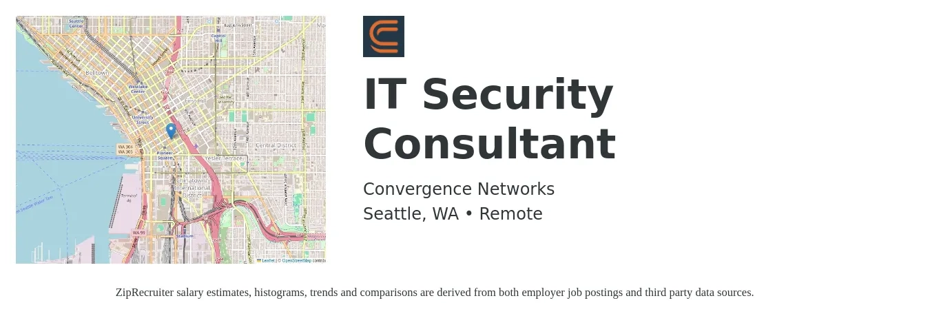 Convergence Networks job posting for a IT Security Consultant in Seattle, WA with a salary of $135,000 Yearly with a map of Seattle location.