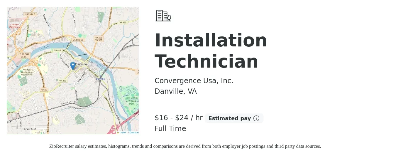Convergence Usa, Inc. job posting for a Installation Technician in Danville, VA with a salary of $17 to $25 Hourly with a map of Danville location.