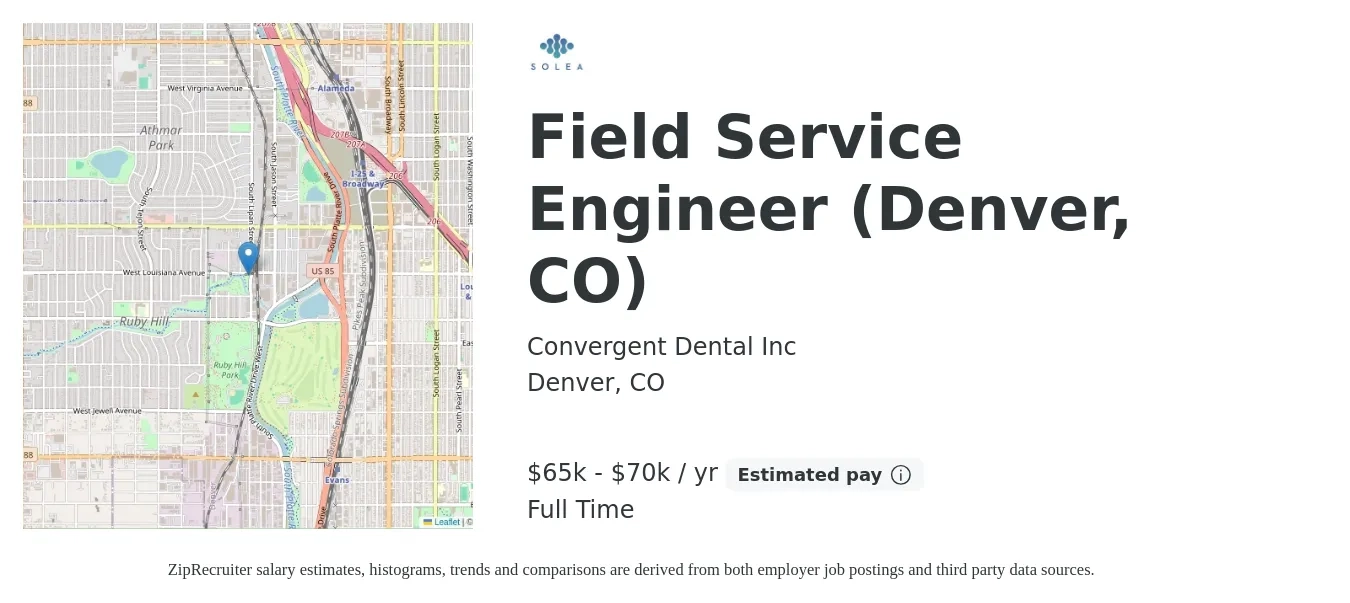 Convergent Dental Inc job posting for a Field Service Engineer (Denver, CO) in Denver, CO with a salary of $65,000 to $70,000 Yearly with a map of Denver location.