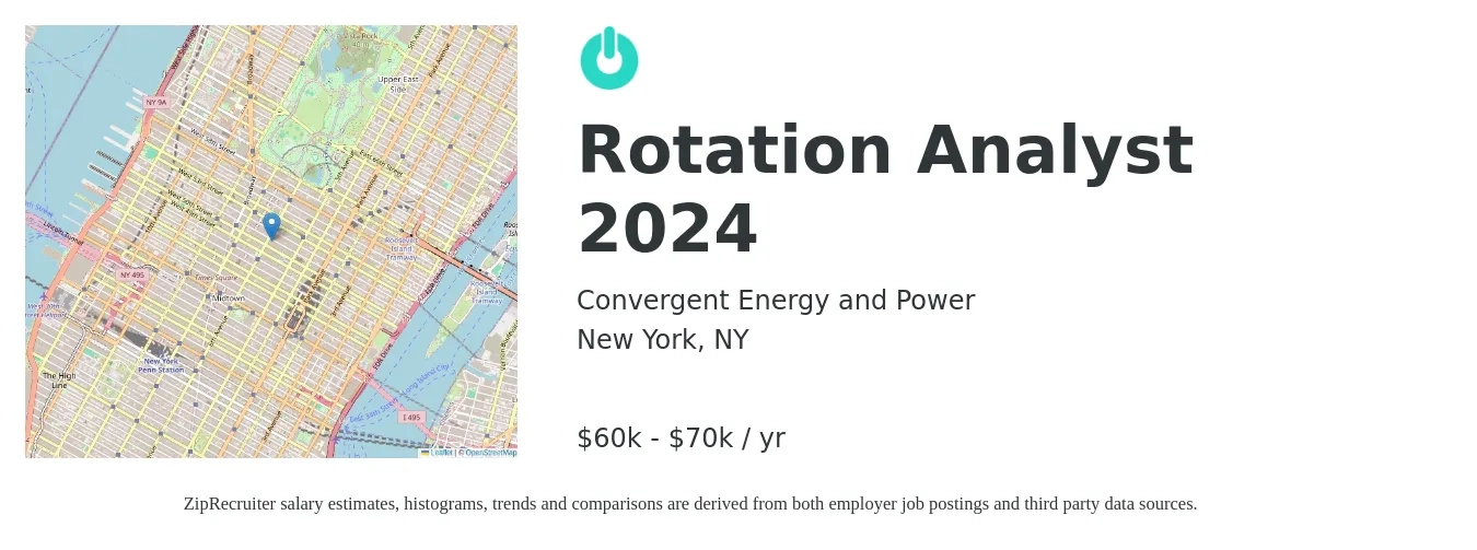 Convergent Energy and Power job posting for a Rotation Analyst 2024 in New York, NY with a salary of $60,000 to $70,000 Yearly with a map of New York location.