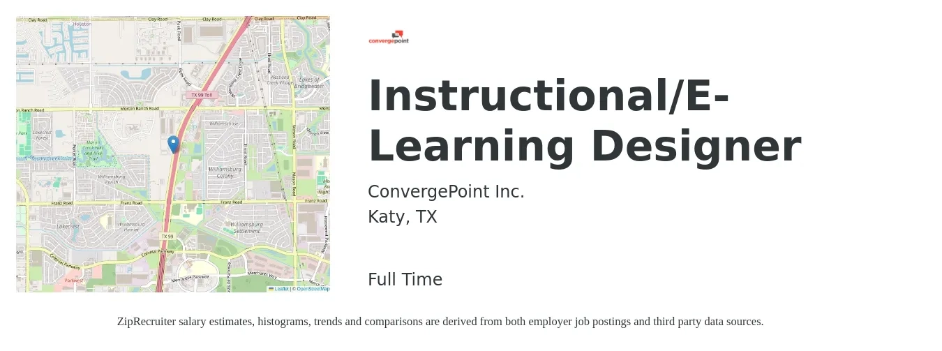 ConvergePoint Inc. job posting for a Instructional/E-Learning Designer in Katy, TX with a salary of $56,100 to $76,000 Yearly with a map of Katy location.