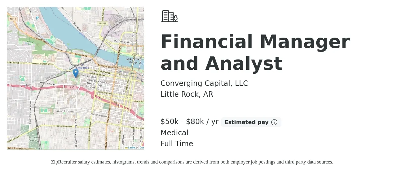 Converging Capital, LLC job posting for a Financial Manager and Analyst in Little Rock, AR with a salary of $50,000 to $80,000 Yearly and benefits including life_insurance, medical, pto, and retirement with a map of Little Rock location.
