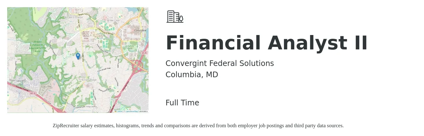 Convergint Federal Solutions job posting for a Financial Analyst II in Columbia, MD with a salary of $68,900 to $108,800 Yearly with a map of Columbia location.