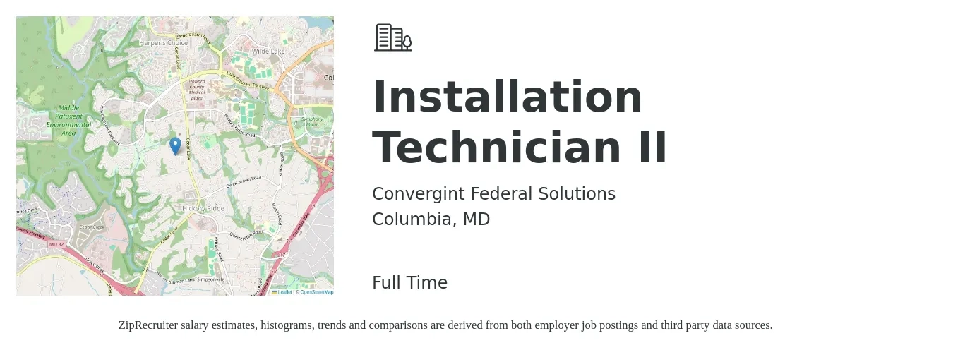 Convergint Federal Solutions job posting for a Installation Technician II in Columbia, MD with a salary of $20 to $27 Hourly with a map of Columbia location.