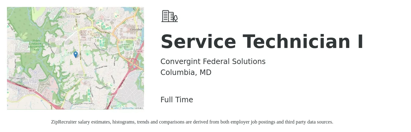 Convergint Federal Solutions job posting for a Service Technician I in Columbia, MD with a salary of $20 to $27 Hourly with a map of Columbia location.