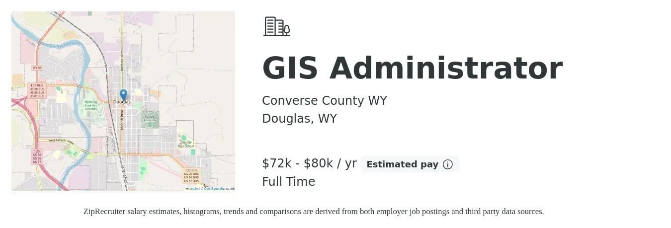 Converse County WY job posting for a GIS Administrator in Douglas, WY with a salary of $72,000 to $80,000 Yearly with a map of Douglas location.
