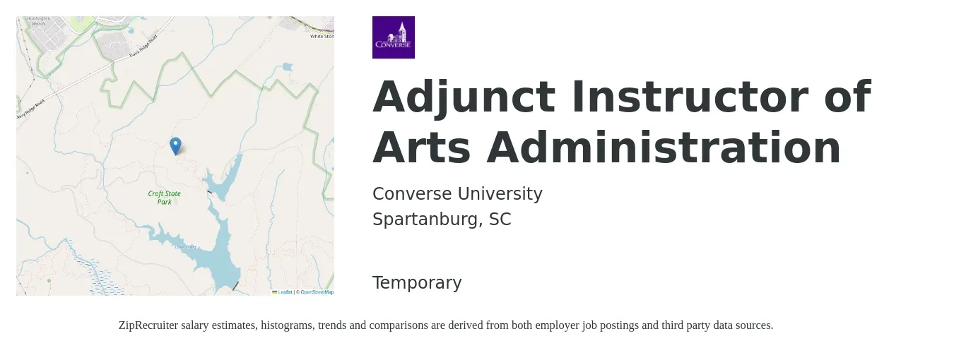 Converse University job posting for a Adjunct Instructor of Arts Administration in Spartanburg, SC with a salary of $30 to $35 Hourly with a map of Spartanburg location.