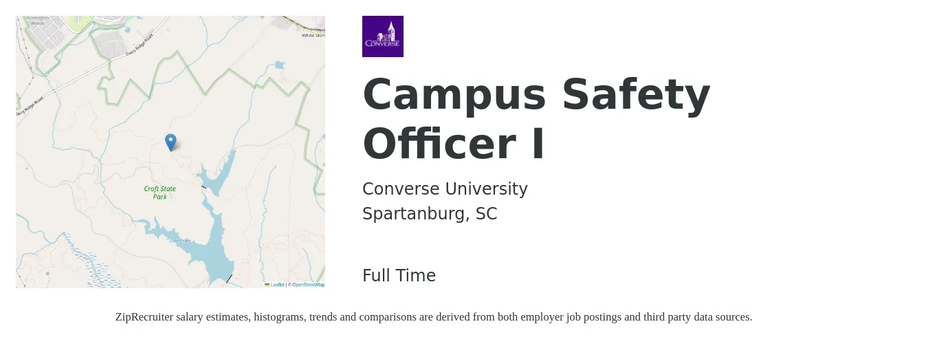 Converse University job posting for a Campus Safety Officer I in Spartanburg, SC with a salary of $14 to $19 Hourly with a map of Spartanburg location.