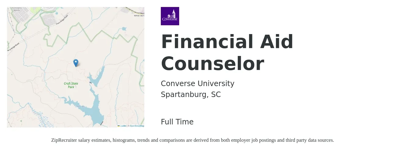 Converse University job posting for a Financial Aid Counselor in Spartanburg, SC with a salary of $31,200 to $41,200 Yearly with a map of Spartanburg location.