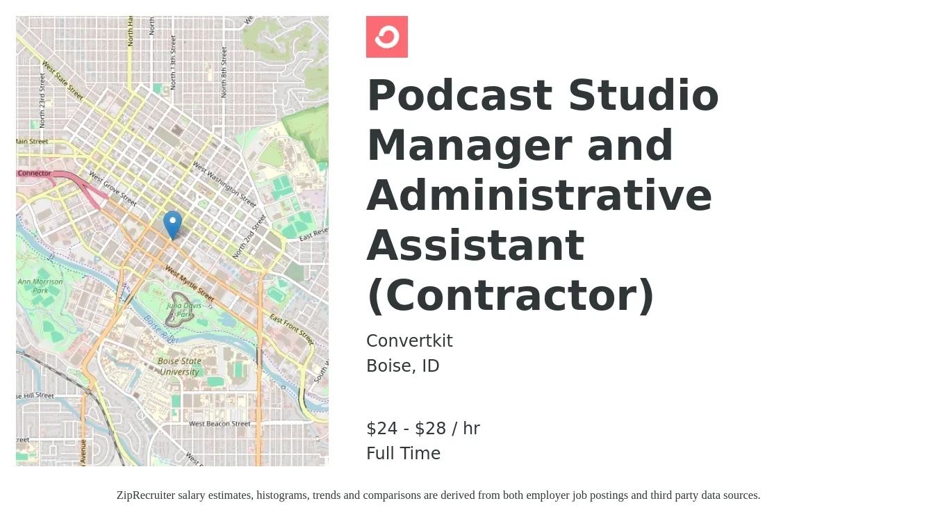 Convertkit job posting for a Podcast Studio Manager and Administrative Assistant (Contractor) in Boise, ID with a salary of $25 to $30 Hourly with a map of Boise location.