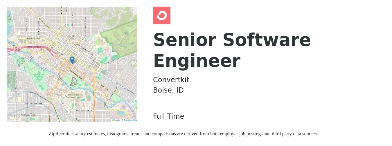 Convertkit job posting for a Senior Software Engineer in Boise, ID with a salary of $1,850 Monthly with a map of Boise location.