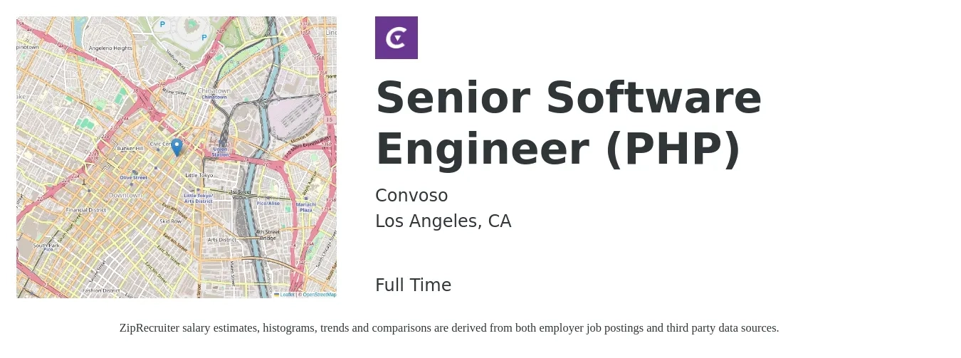 Convoso job posting for a Senior Software Engineer (PHP) in Los Angeles, CA with a salary of $132,000 to $157,900 Yearly with a map of Los Angeles location.