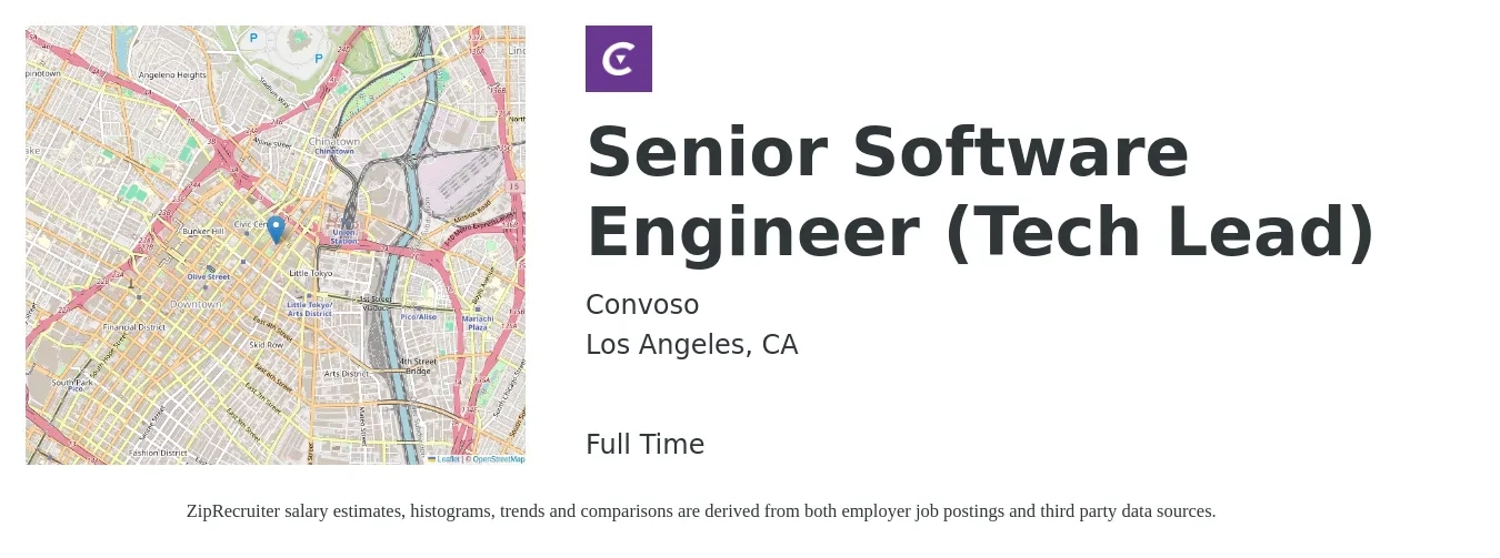 Convoso job posting for a Senior Software Engineer (Tech Lead) in Los Angeles, CA with a salary of $135,800 to $181,000 Yearly with a map of Los Angeles location.