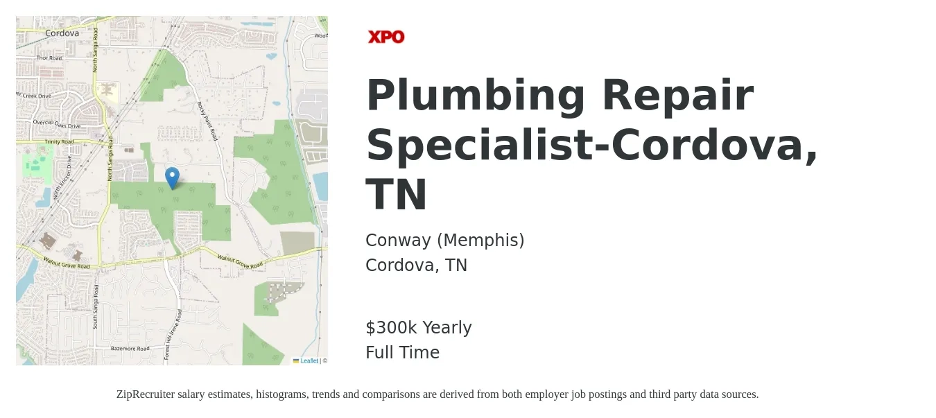 Conway (Memphis) job posting for a Plumbing Repair Specialist-Cordova, TN in Cordova, TN with a salary of $300,000 Yearly with a map of Cordova location.