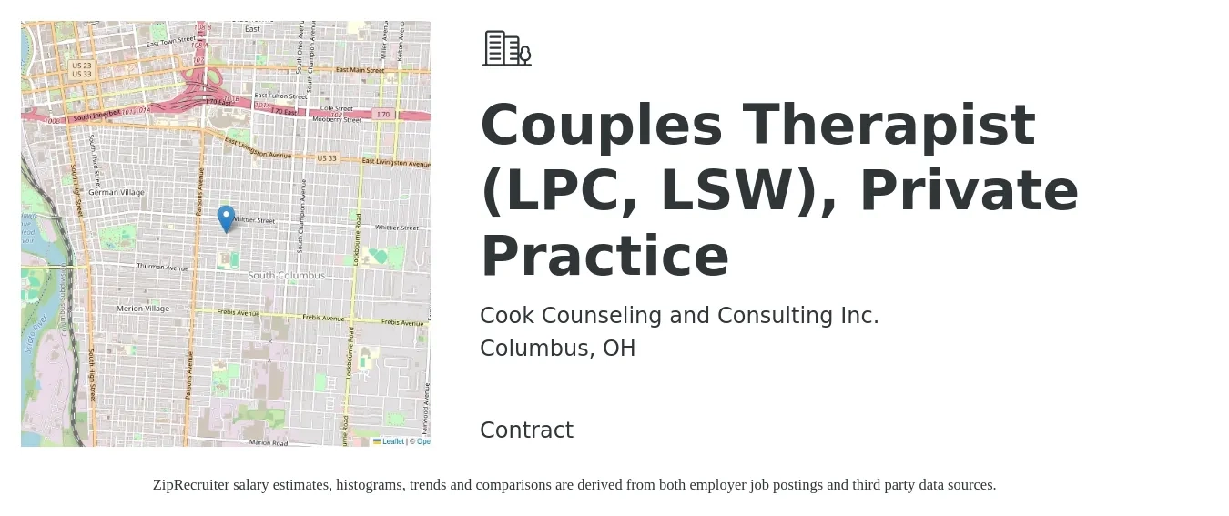 Cook Counseling and Consulting Inc. job posting for a Couples Therapist (LPC, LSW), Private Practice in Columbus, OH with a salary of $30 Hourly with a map of Columbus location.