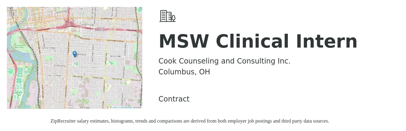 Cook Counseling and Consulting Inc. job posting for a MSW Clinical Intern in Columbus, OH with a salary of $12 to $18 Hourly with a map of Columbus location.