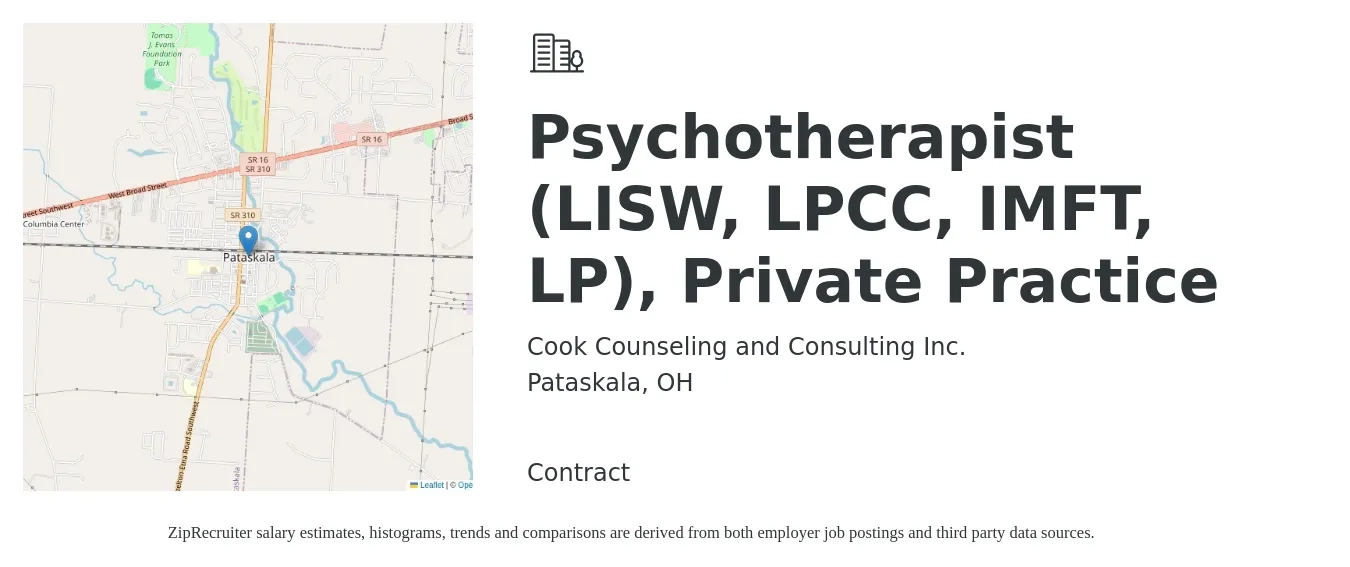 Cook Counseling and Consulting Inc. job posting for a Psychotherapist (LISW, LPCC, IMFT, LP), Private Practice in Pataskala, OH with a salary of $73 Hourly with a map of Pataskala location.