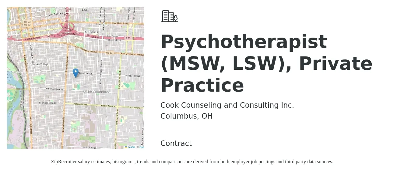 Cook Counseling and Consulting Inc. job posting for a Psychotherapist (MSW, LSW), Private Practice in Columbus, OH with a salary of $30 Hourly with a map of Columbus location.