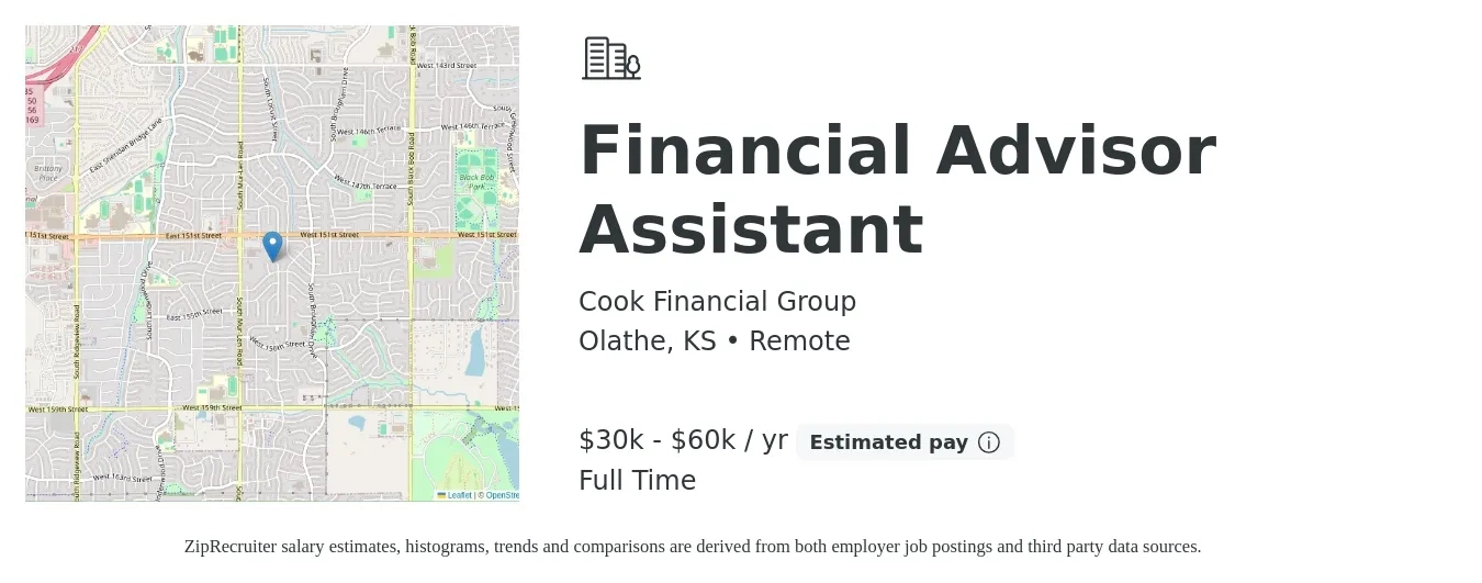Cook Financial Group job posting for a Financial Advisor Assistant in Olathe, KS with a salary of $30,000 to $60,000 Yearly with a map of Olathe location.