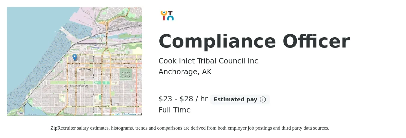 Cook Inlet Tribal Council Inc job posting for a Compliance Officer in Anchorage, AK with a salary of $25 to $30 Hourly with a map of Anchorage location.
