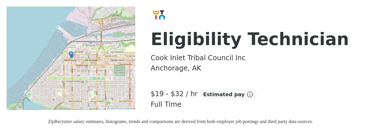 Cook Inlet Tribal Council Inc job posting for a Eligibility Technician in Anchorage, AK with a salary of $20 to $34 Hourly with a map of Anchorage location.