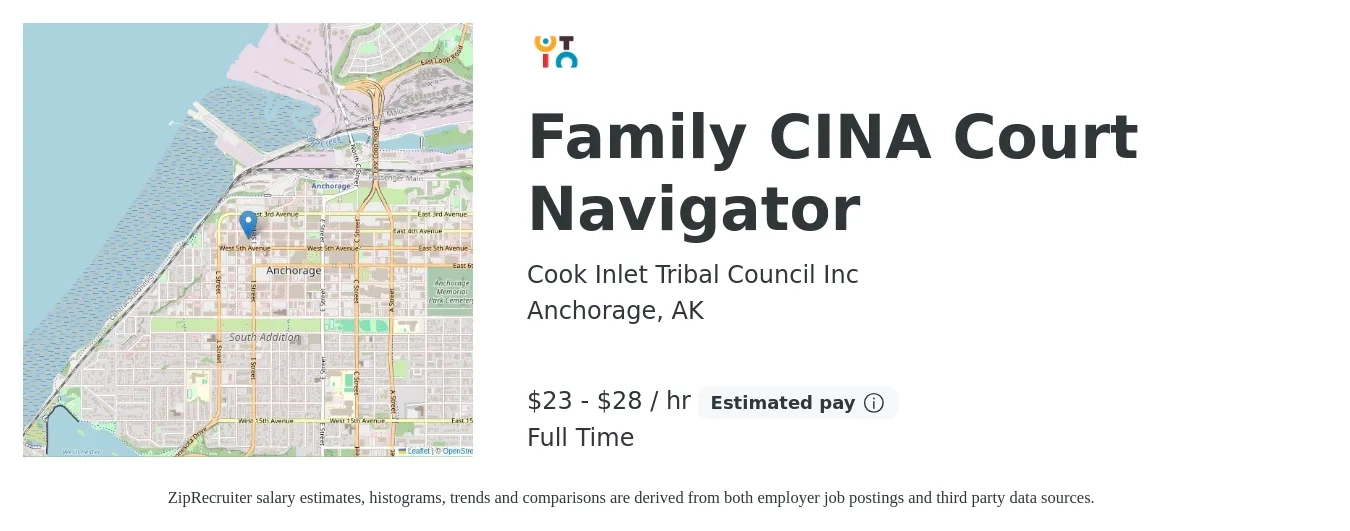 Cook Inlet Tribal Council Inc job posting for a Family CINA Court Navigator in Anchorage, AK with a salary of $25 to $30 Hourly with a map of Anchorage location.
