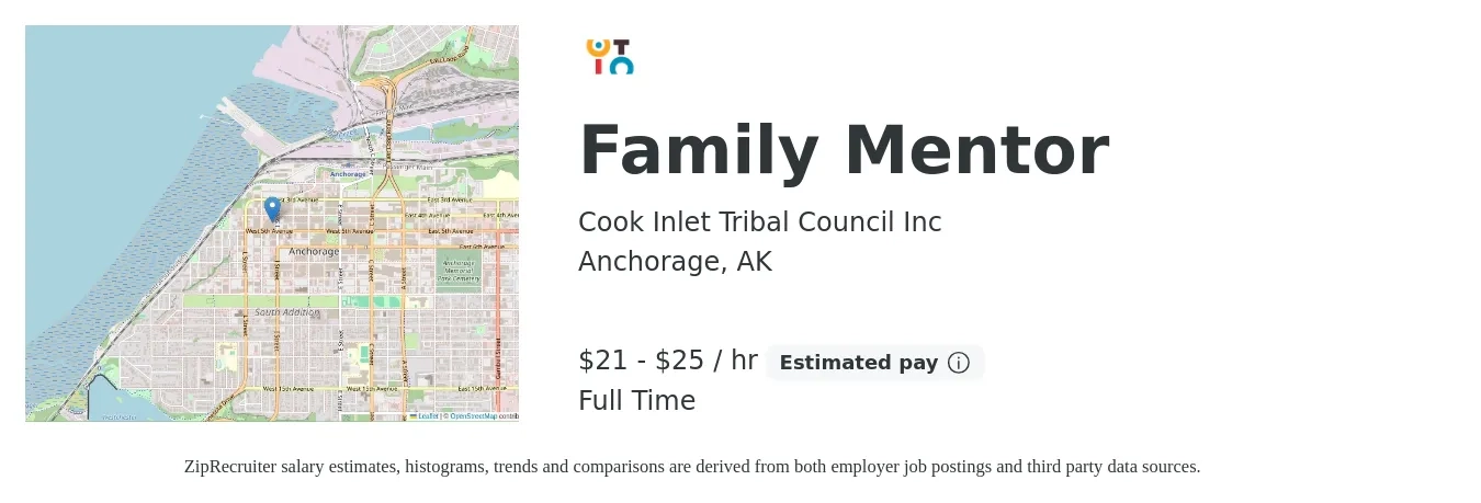 Cook Inlet Tribal Council Inc job posting for a Family Mentor in Anchorage, AK with a salary of $22 to $26 Hourly with a map of Anchorage location.