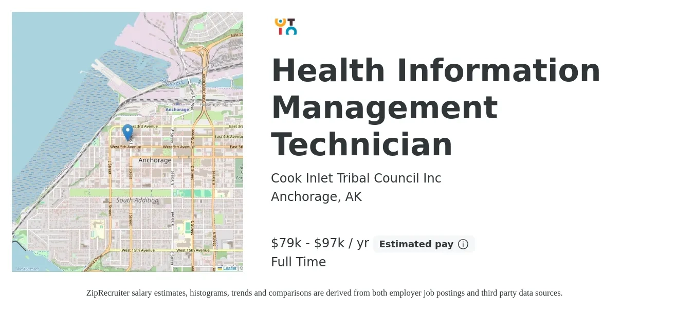 Cook Inlet Tribal Council Inc job posting for a Health Information Management Technician in Anchorage, AK with a salary of $79,224 to $97,446 Yearly with a map of Anchorage location.