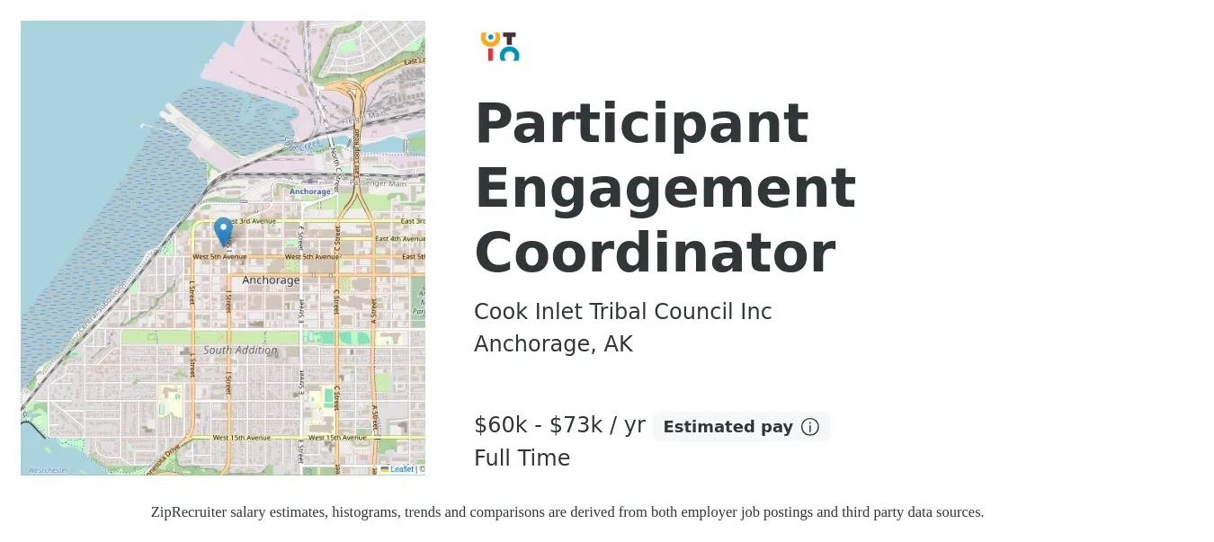 Cook Inlet Tribal Council Inc job posting for a Participant Engagement Coordinator in Anchorage, AK with a salary of $60,396 to $73,683 Yearly with a map of Anchorage location.