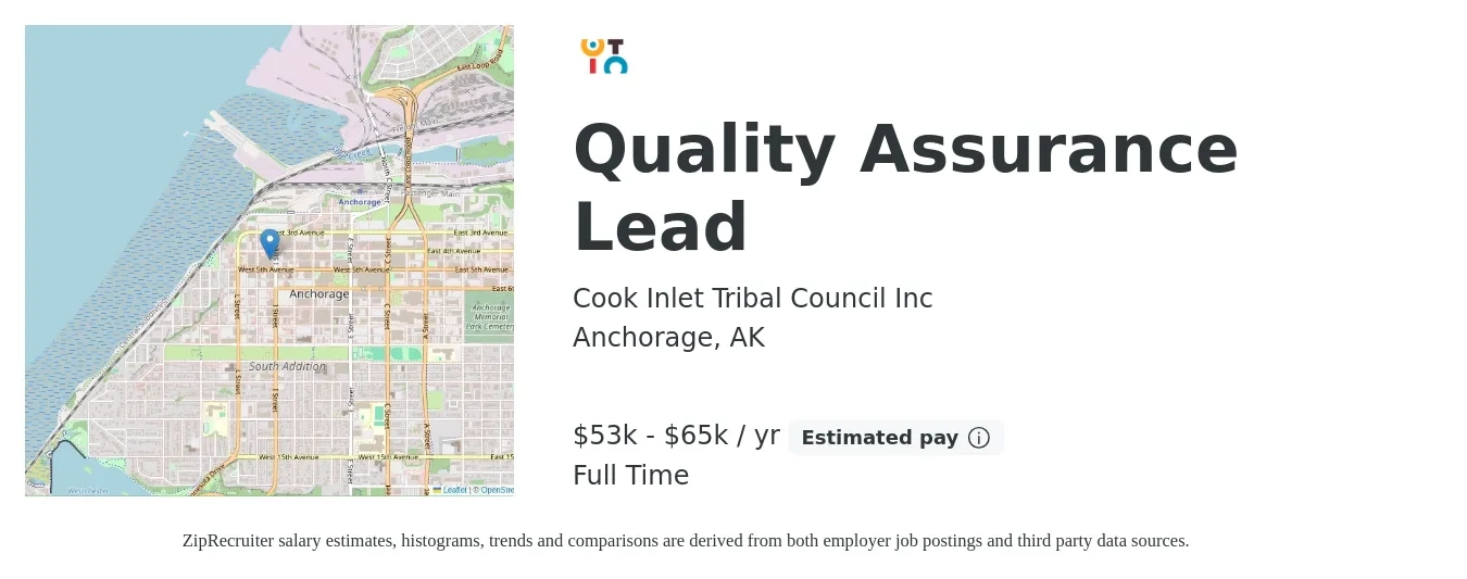 Cook Inlet Tribal Council Inc job posting for a Quality Assurance Lead in Anchorage, AK with a salary of $53,448 to $65,206 Yearly with a map of Anchorage location.