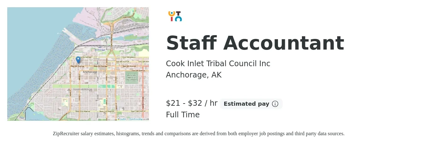 Cook Inlet Tribal Council Inc job posting for a Staff Accountant in Anchorage, AK with a salary of $22 to $34 Hourly with a map of Anchorage location.