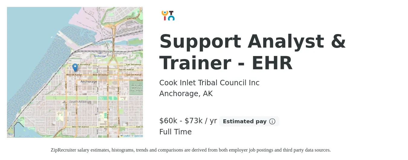 Cook Inlet Tribal Council Inc job posting for a Support Analyst & Trainer - EHR in Anchorage, AK with a salary of $60,396 to $73,683 Yearly with a map of Anchorage location.