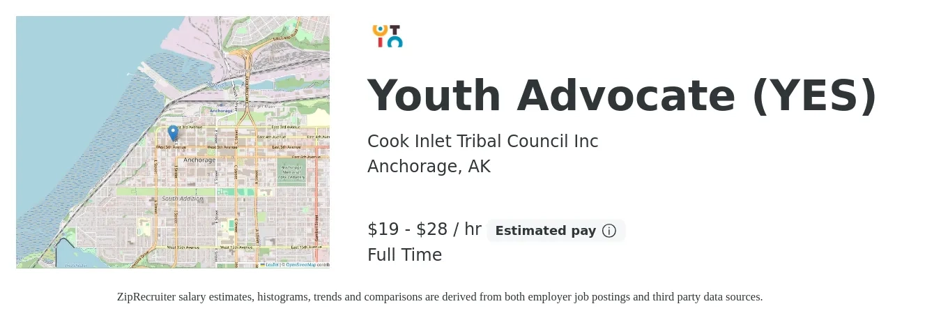 Cook Inlet Tribal Council Inc job posting for a Youth Advocate (YES) in Anchorage, AK with a salary of $20 to $30 Hourly with a map of Anchorage location.