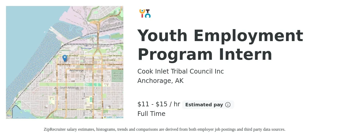 Cook Inlet Tribal Council Inc job posting for a Youth Employment Program Intern in Anchorage, AK with a salary of $12 to $16 Hourly with a map of Anchorage location.