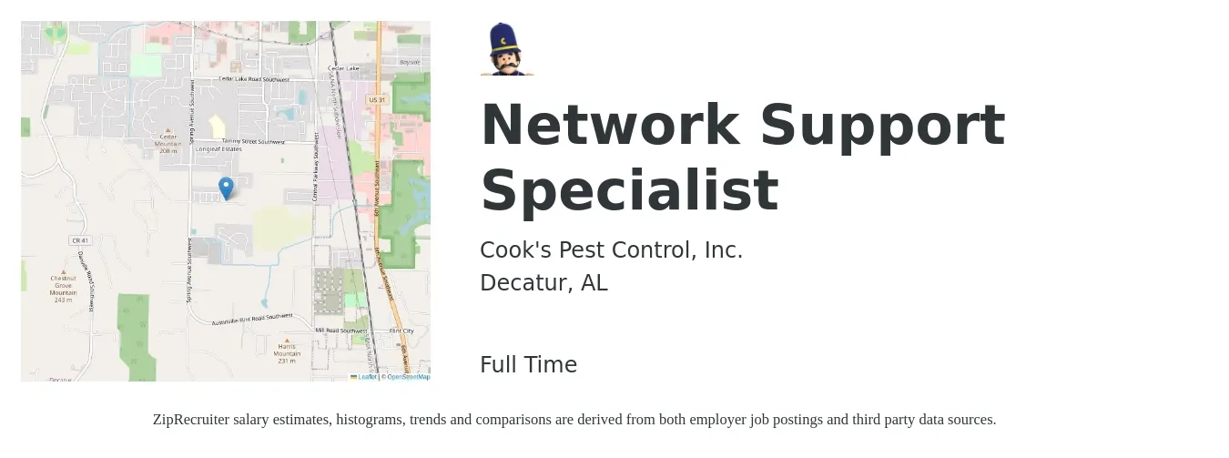 Cook's Pest Control, Inc. job posting for a Network Support Specialist in Decatur, AL with a salary of $20 to $32 Hourly with a map of Decatur location.