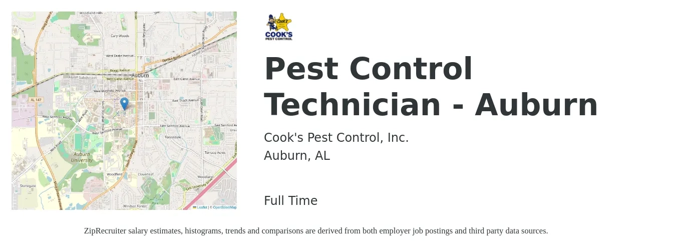 Cook's Pest Control, Inc. job posting for a Pest Control Technician - Auburn in Auburn, AL with a salary of $65,000 Yearly with a map of Auburn location.