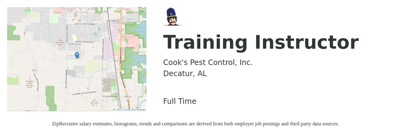 Cook's Pest Control, Inc. job posting for a Training Instructor in Decatur, AL with a salary of $51,000 to $67,100 Yearly with a map of Decatur location.