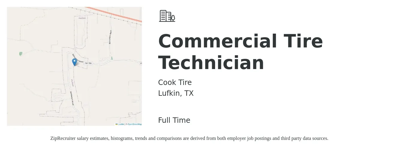 Cook Tire job posting for a Commercial Tire Technician in Lufkin, TX with a salary of $14 to $17 Hourly with a map of Lufkin location.