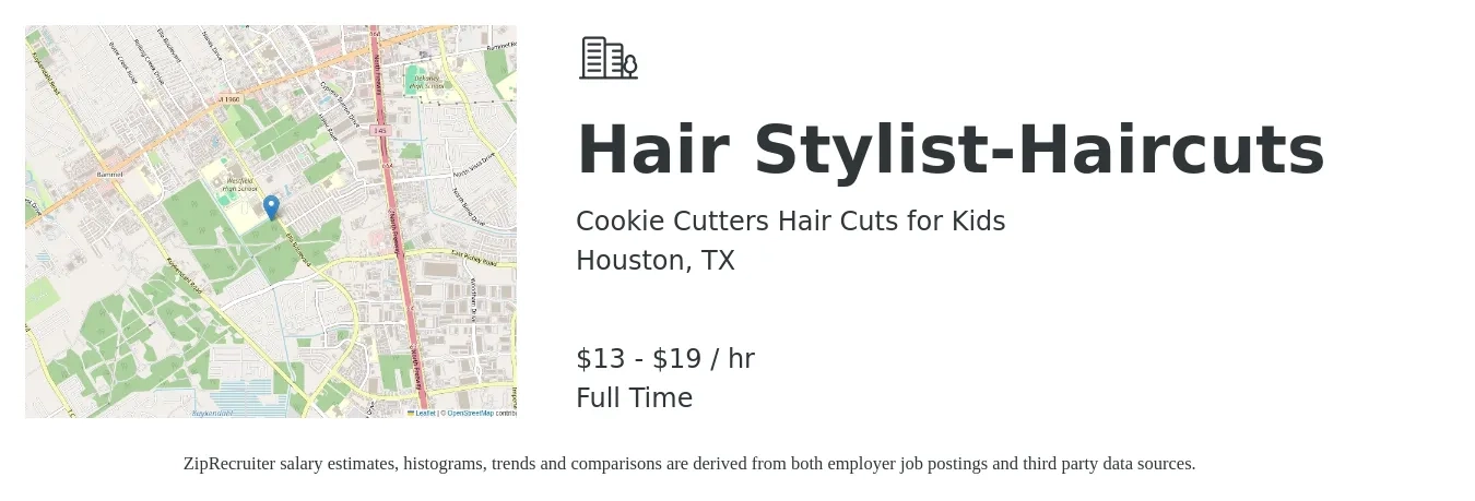 Cookie Cutters Hair Cuts for Kids job posting for a Hair Stylist-Haircuts in Houston, TX with a salary of $14 to $20 Hourly with a map of Houston location.