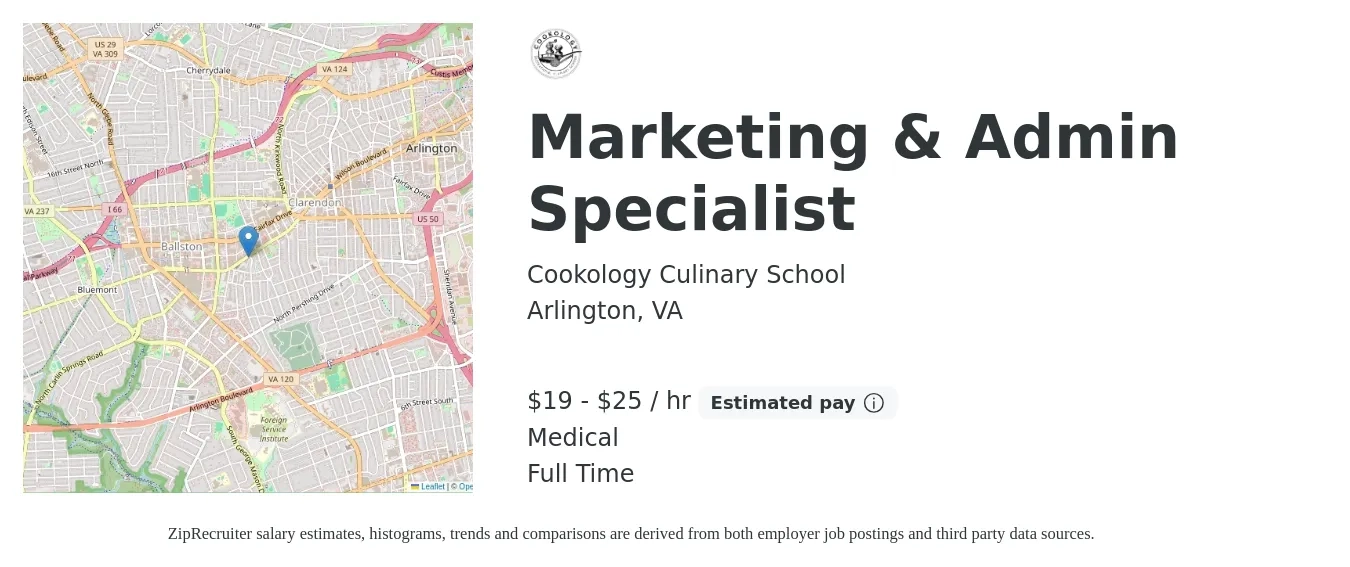 Cookology Culinary School job posting for a Marketing & Admin Specialist in Arlington, VA with a salary of $20 to $26 Hourly and benefits including medical with a map of Arlington location.