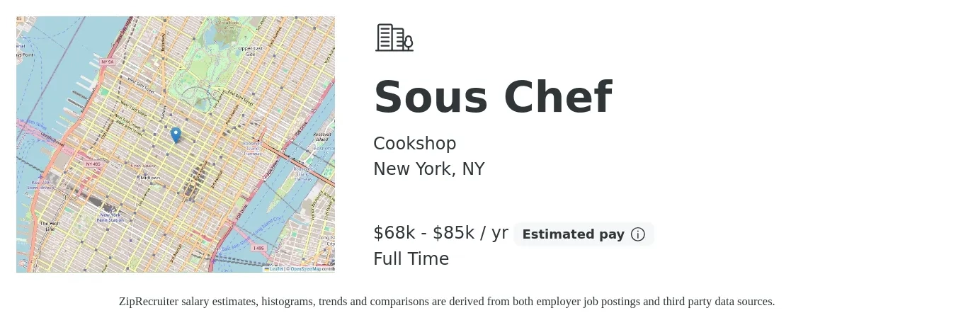 Cookshop job posting for a Sous Chef in New York, NY with a salary of $68,000 to $85,000 Yearly with a map of New York location.