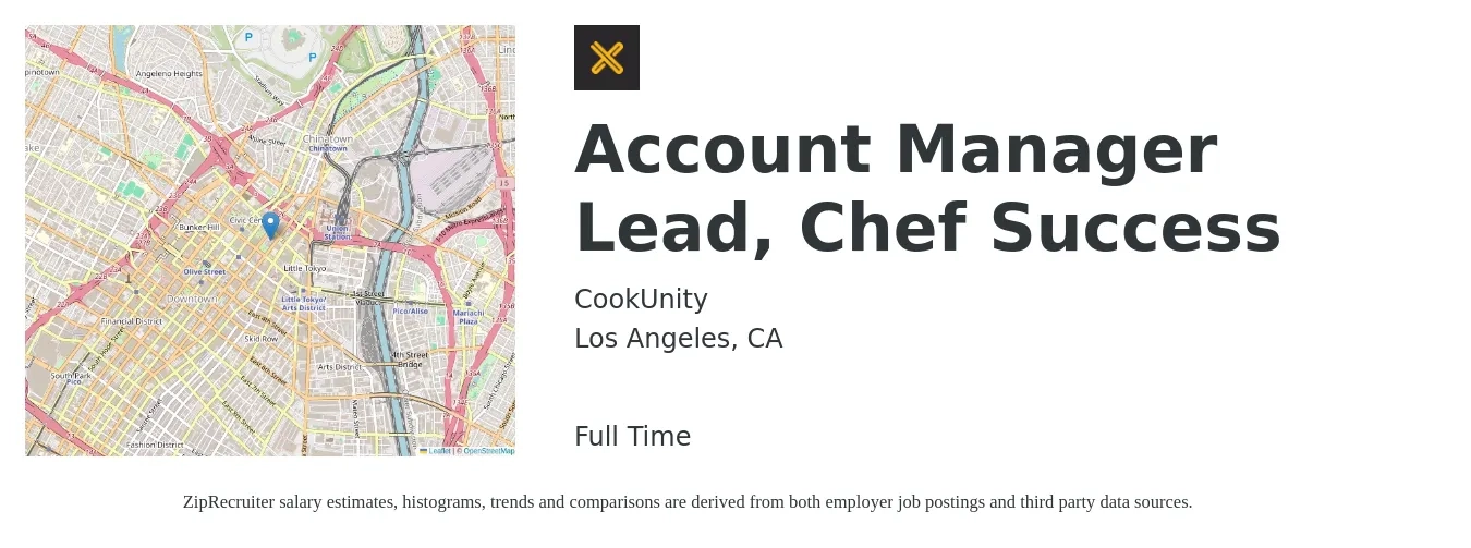 CookUnity job posting for a Account Manager Lead, Chef Success in Los Angeles, CA with a salary of $51,700 to $84,600 Yearly with a map of Los Angeles location.