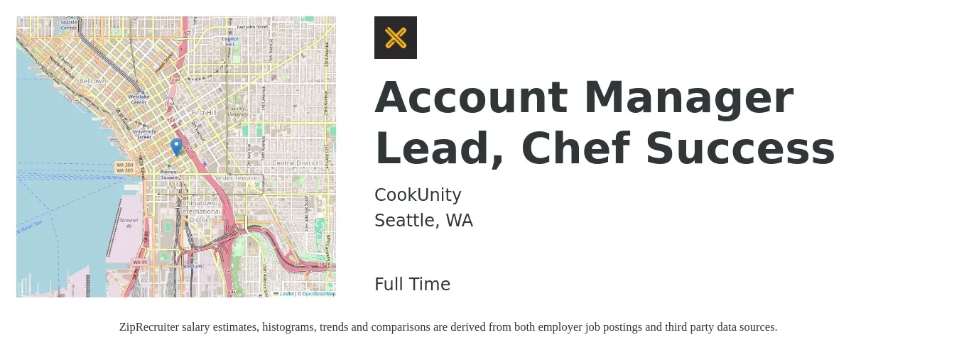 CookUnity job posting for a Account Manager Lead, Chef Success in Seattle, WA with a salary of $54,600 to $89,300 Yearly with a map of Seattle location.