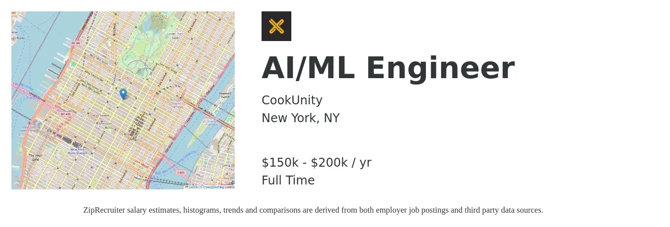CookUnity job posting for a AI/ML Engineer in New York, NY with a salary of $150,000 to $200,000 Yearly with a map of New York location.