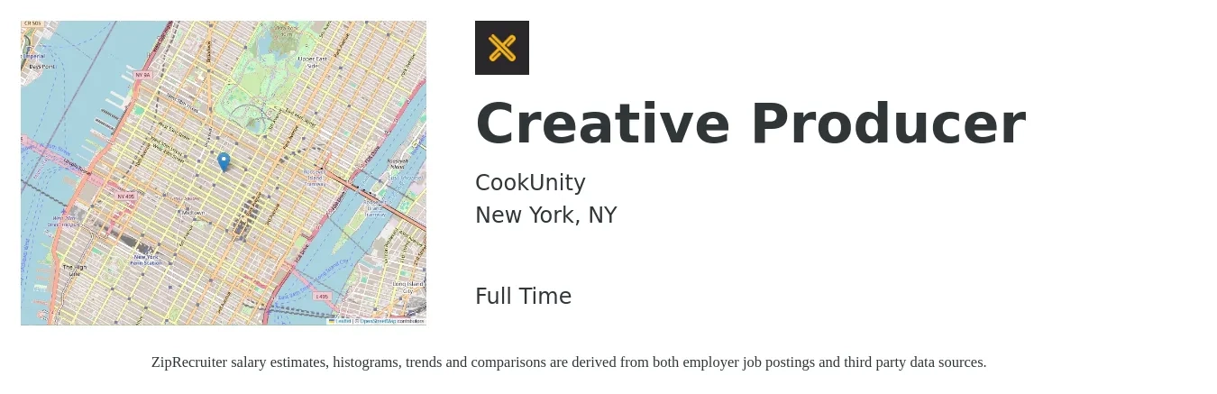 CookUnity job posting for a Creative Producer in New York, NY with a salary of $38 to $63 Hourly with a map of New York location.