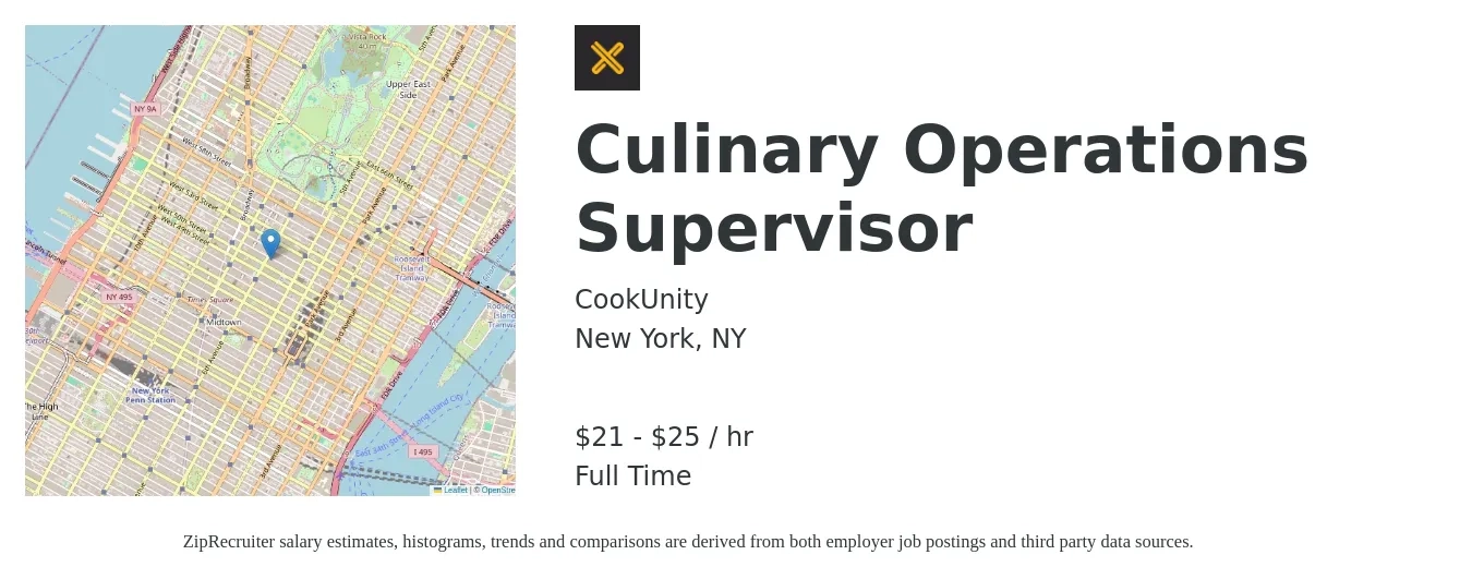 CookUnity job posting for a Culinary Operations Supervisor in New York, NY with a salary of $22 to $27 Hourly with a map of New York location.