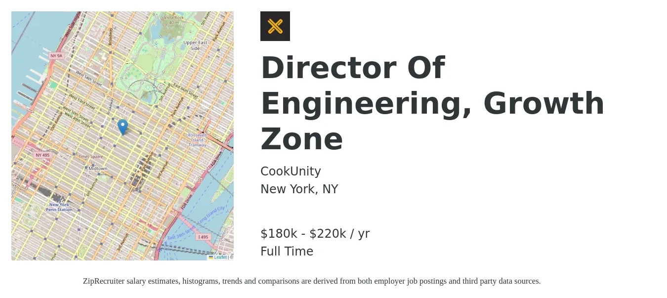 CookUnity job posting for a Director Of Engineering, Growth Zone in New York, NY with a salary of $180,000 to $220,000 Yearly with a map of New York location.