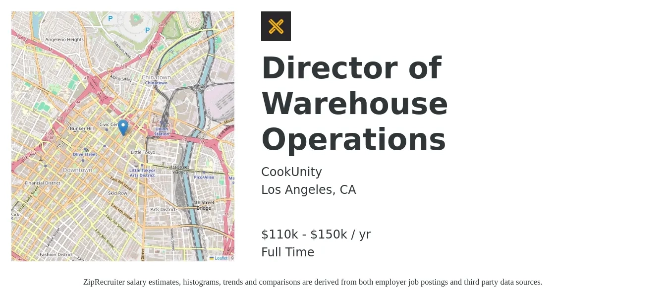 CookUnity job posting for a Director of Warehouse Operations in Los Angeles, CA with a salary of $110,000 to $150,000 Yearly with a map of Los Angeles location.
