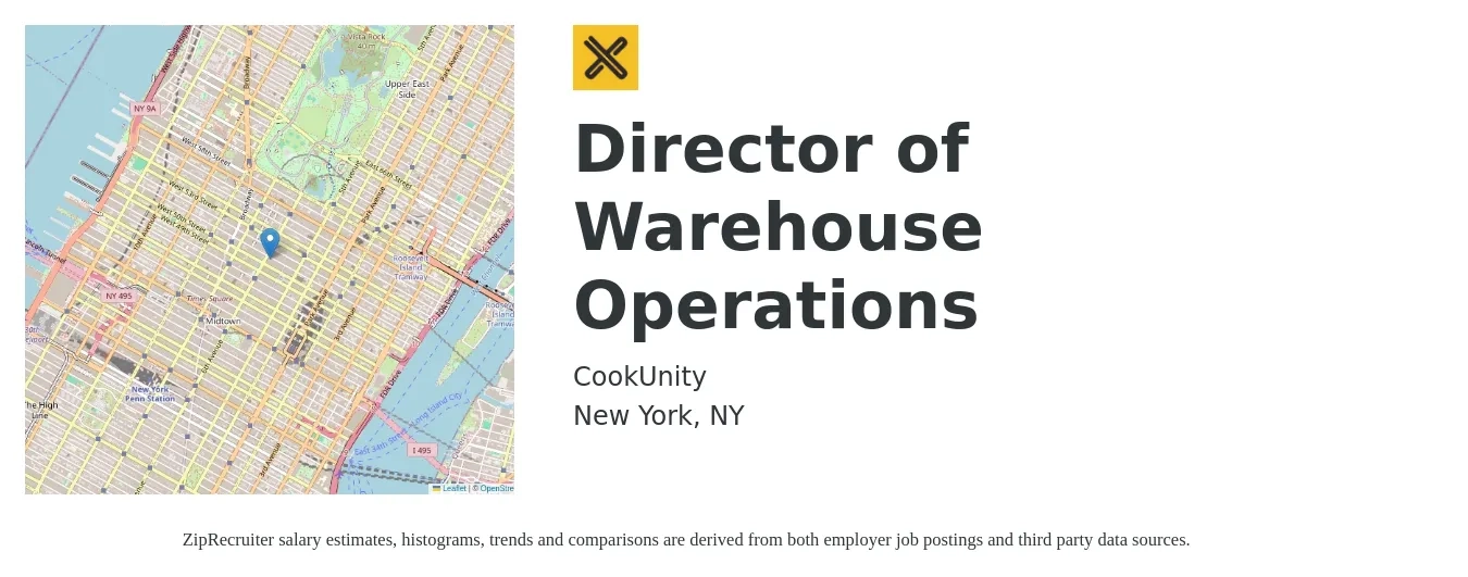 CookUnity job posting for a Director of Warehouse Operations in New York, NY with a salary of $110,000 to $150,000 Yearly with a map of New York location.