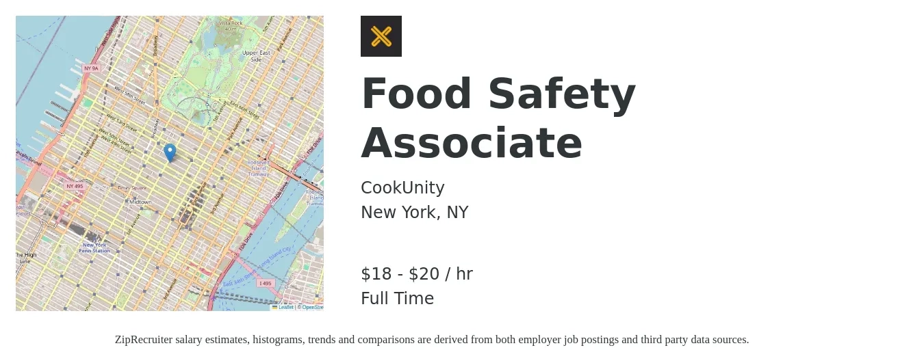 CookUnity job posting for a Food Safety Associate in New York, NY with a salary of $19 to $21 Hourly with a map of New York location.